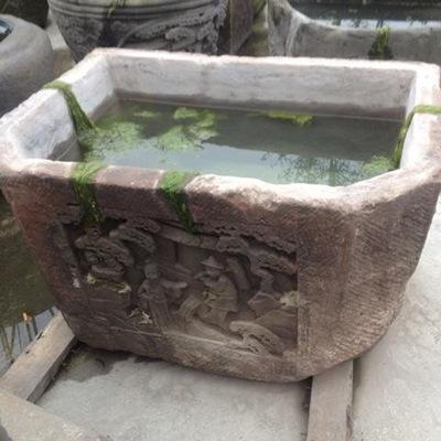 四川厂家直销仿古老石槽人物雕刻不规则型大理石鱼缸水缸